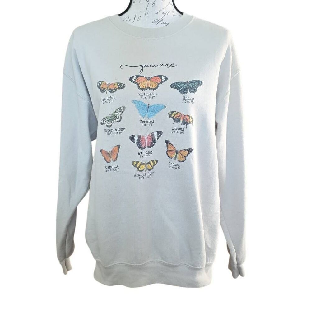 Gildan Women's Size Medium Greige Butterfly Bible Verse Inspirational Sweatshirt